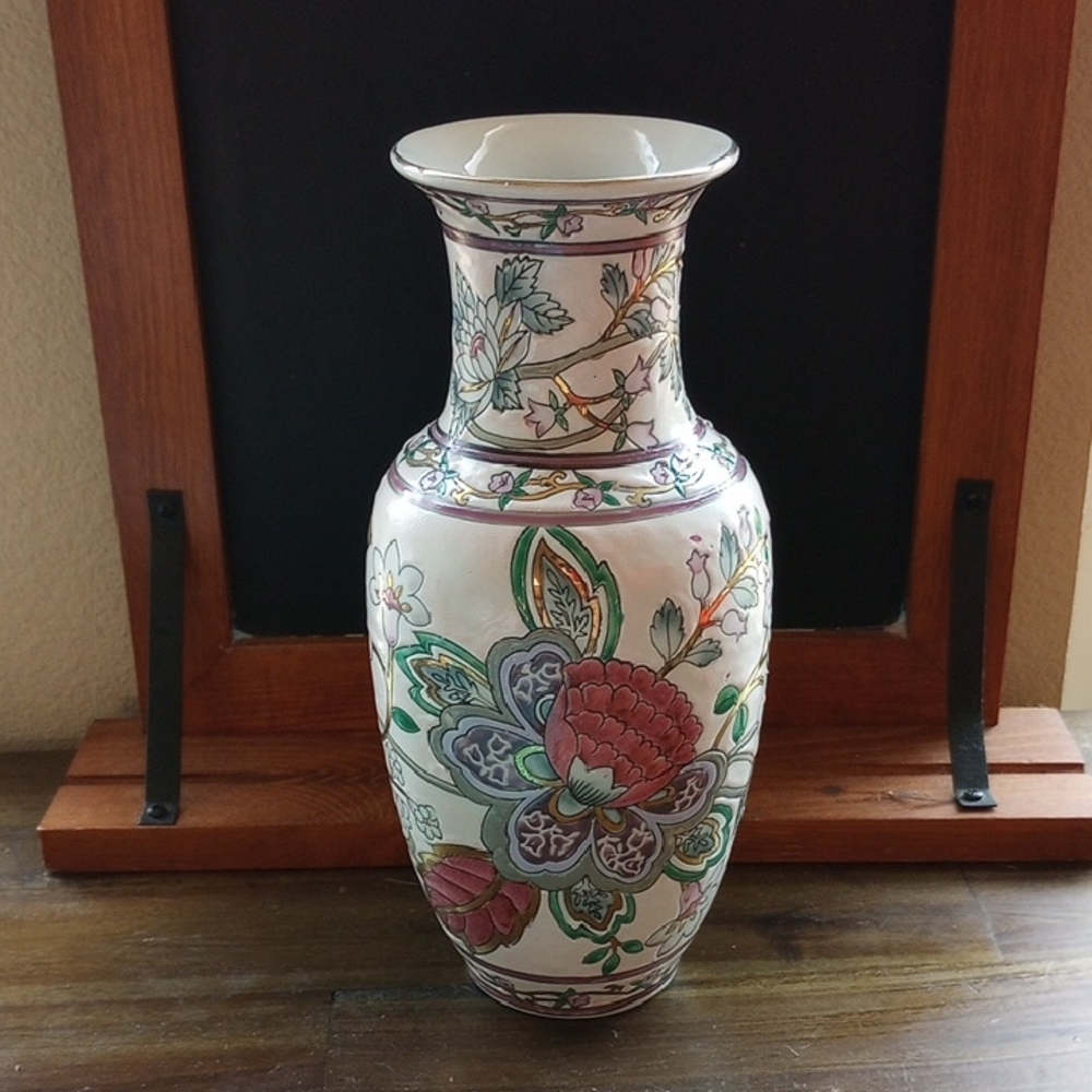 VINTAGE FLORAL VASE - HANDMADE - HAND PAINTED - GOLD FOIL - PINK MAUVE - 10"